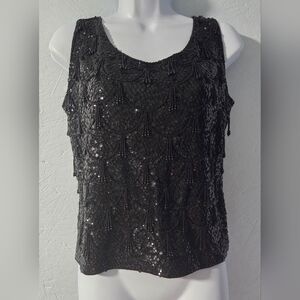 Vintage 60s Black Beaded & Sequin Sleeveless Wool Top - Medium
